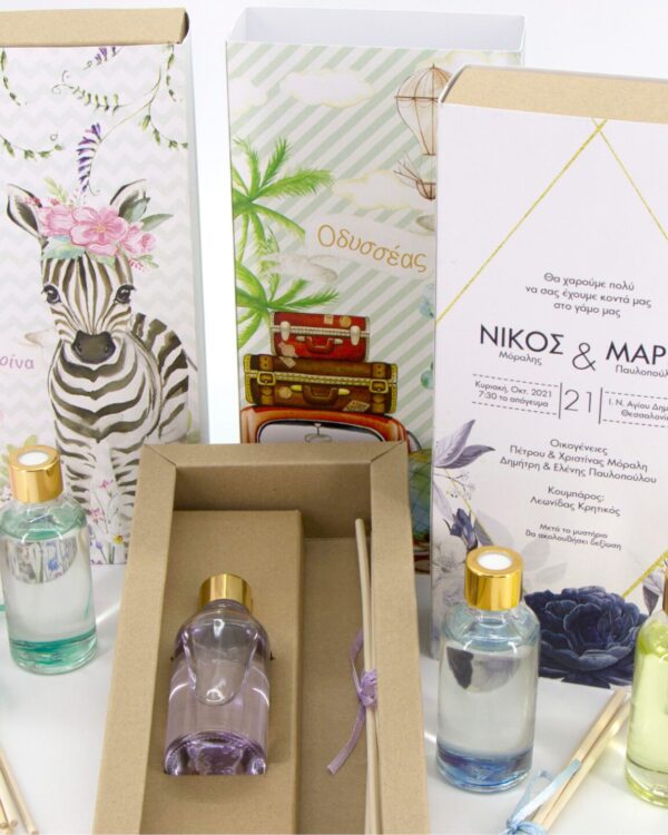 Αρωματικό χώρου 50ml και τυπωμένο θεματικό κουτί ιδανικό για μπομπονιέρα