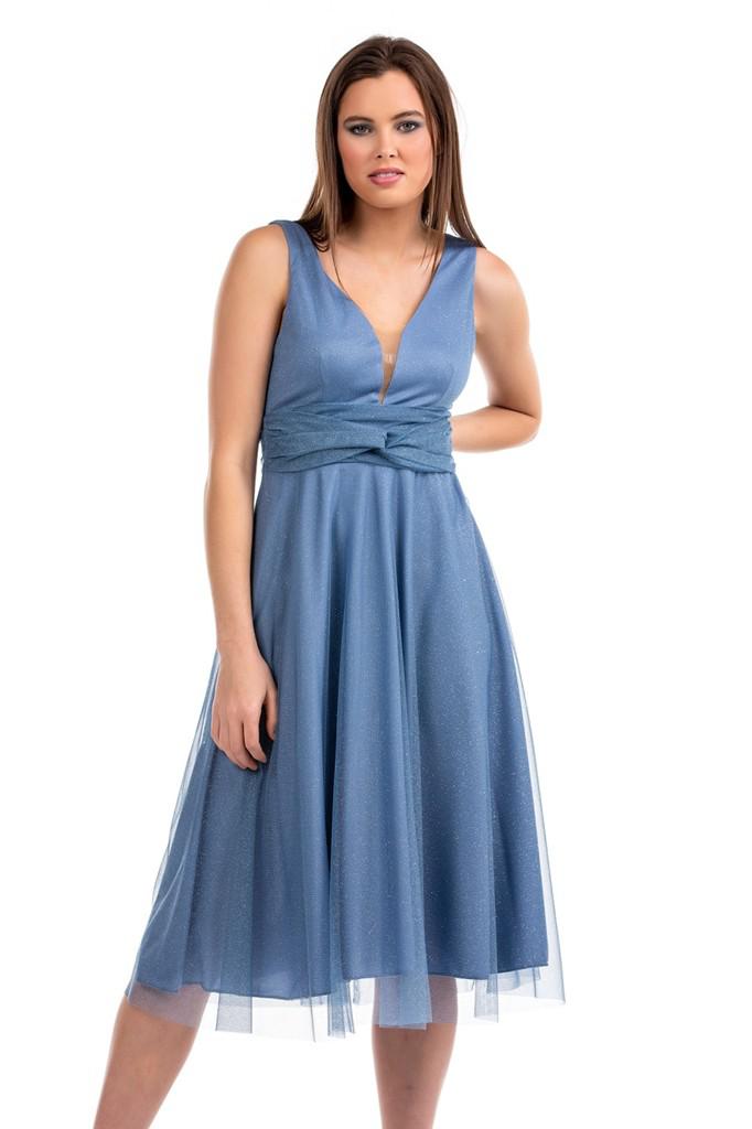 Midi φόρεμα με γκλίτερ τούλι σε μπλε ίντιγκο