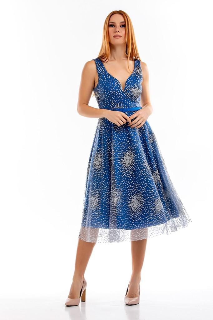 Midi φόρεμα με γκλίτερ τούλι σε μπλε ρουά