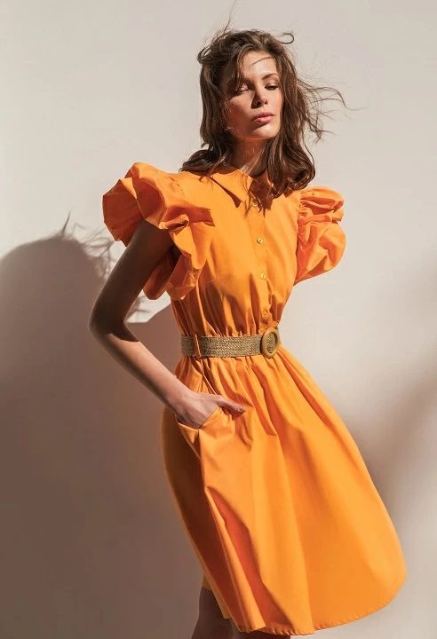 Φόρεμα ποπλίνα με μανίκι puff σε πορτοκαλί
