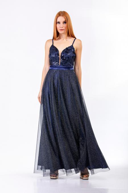Maxi φόρεμα με γκλίτερ τούλι και μπούστο παγιέτα σε μπλε σκούρο