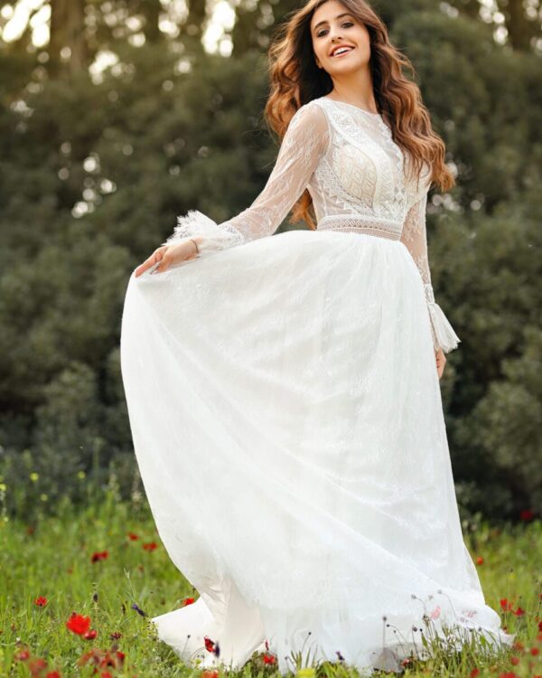 Boho Νυφικό με δαντέλα και μακρύ μανίκι