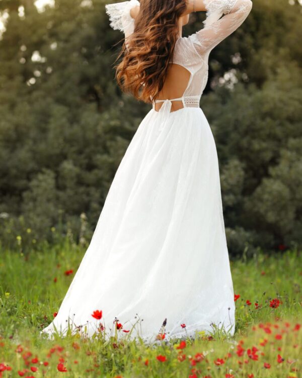 Boho Νυφικό με δαντέλα και μακρύ μανίκι