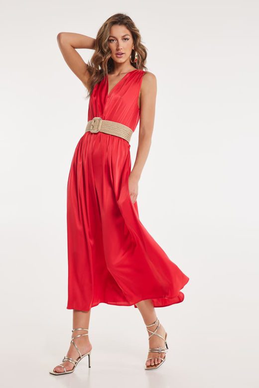 Midi φόρεμα σατινέ σε κόκκινο