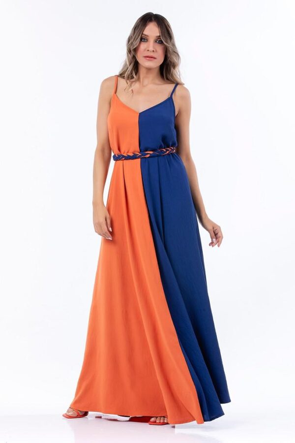 Maxi φόρεμα δίχρωμο πορτοκαλί με μπλε