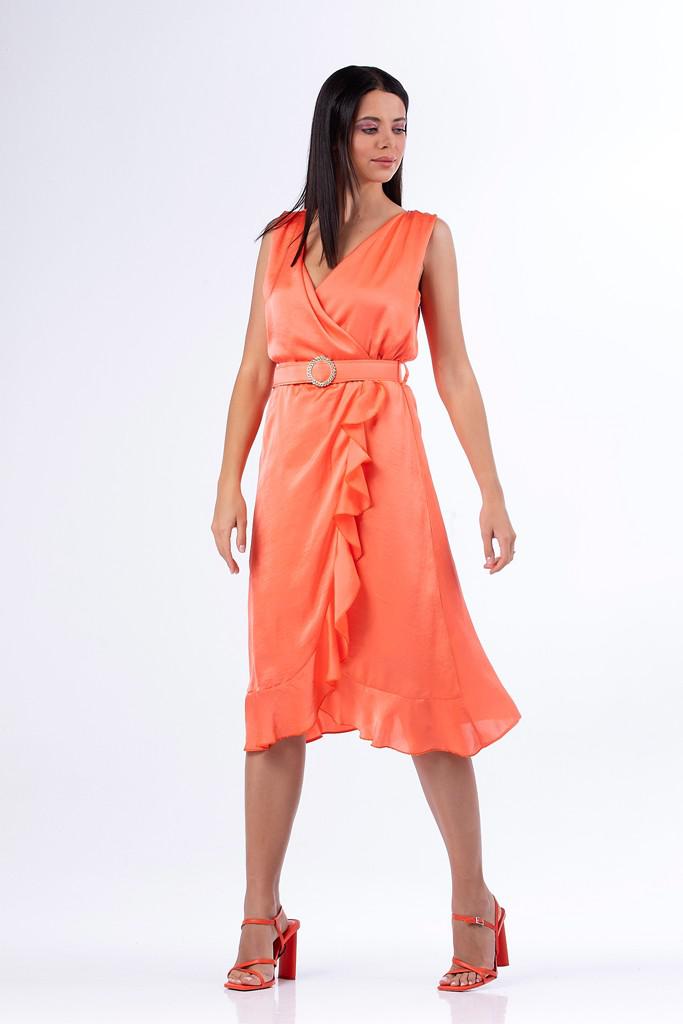 Midi φόρεμα με βολάν σε πορτοκαλί
