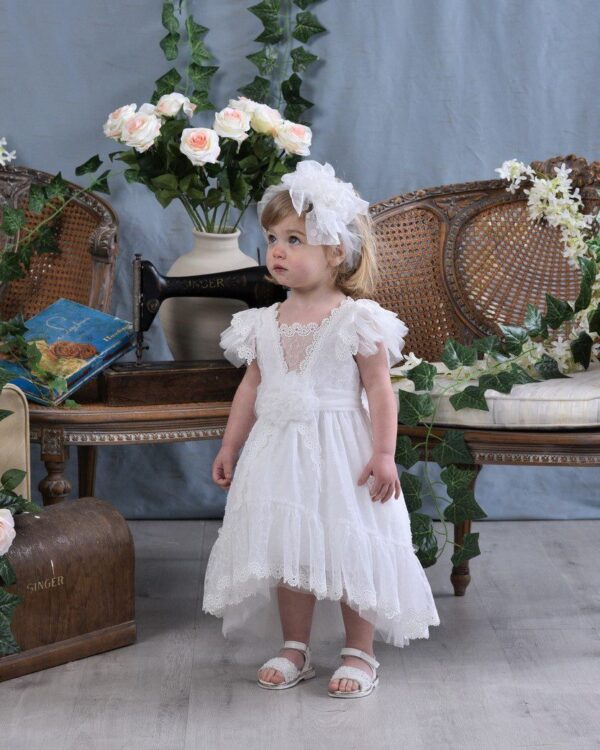 Boho βαπτιστικό φόρεμα με ουρά σε άσπρο