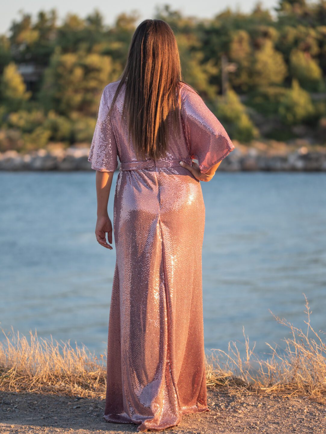 Maxi φόρεμα παγιέτα σε ροζ χρυσό