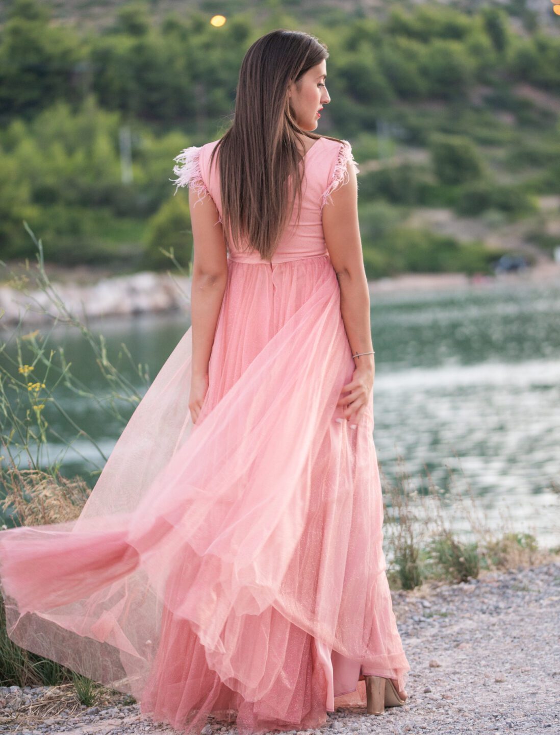 Maxi φόρεμα τούλινο σε ροζ