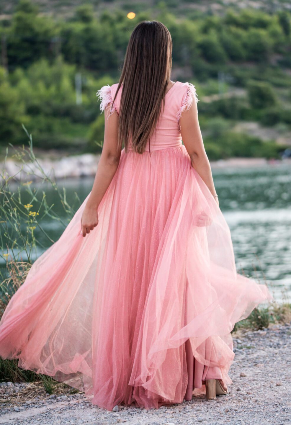 Maxi φόρεμα τούλινο σε ροζ