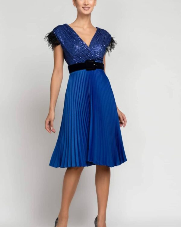 Midi φόρεμα με με φούστα πλισέ και μπούστο παγιέτα σε μπλε