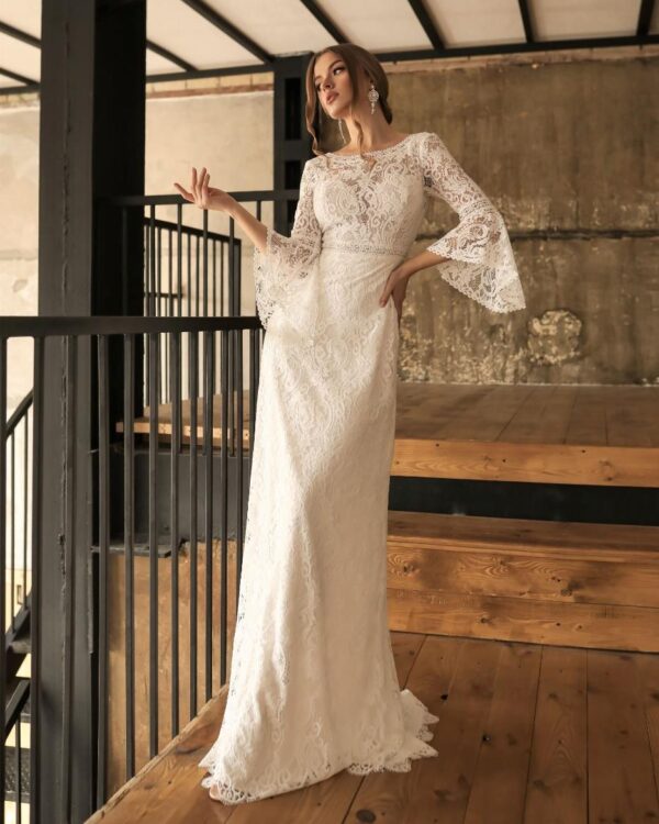 Vintage νυφικό φόρεμα όλο δαντέλα και μακρύ μανίκι