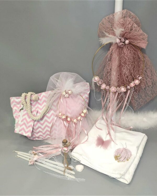 Πλήρες σετ βάπτισης για κορίτσι με vintage στεφανάκι με τριαντάφυλλα