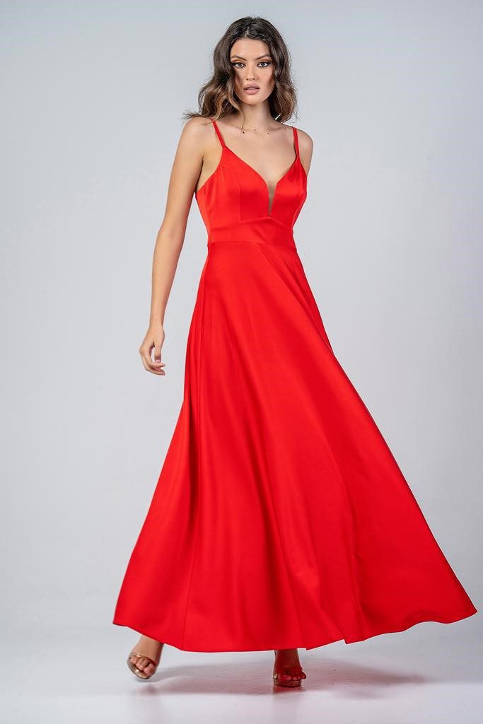 Κόκκινο σατέν maxi φόρεμα