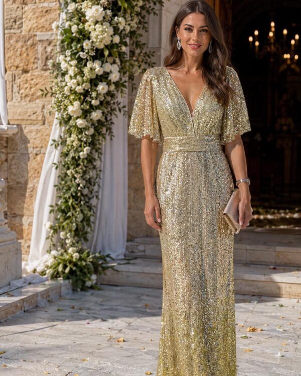 Woman in a gold sequin gown with V-neck and flutter sleeves, standing beside a white floral arch at a stone doorway.