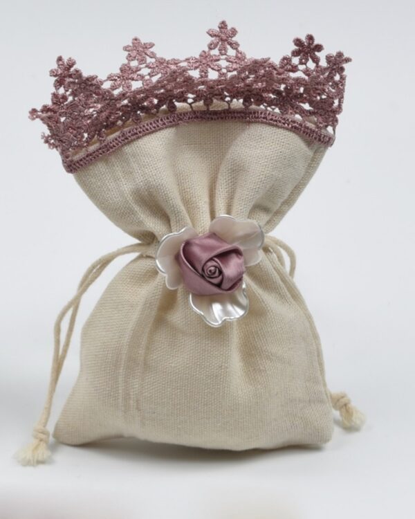 Πουγκί λινό με δαντέλα και λουλούδι