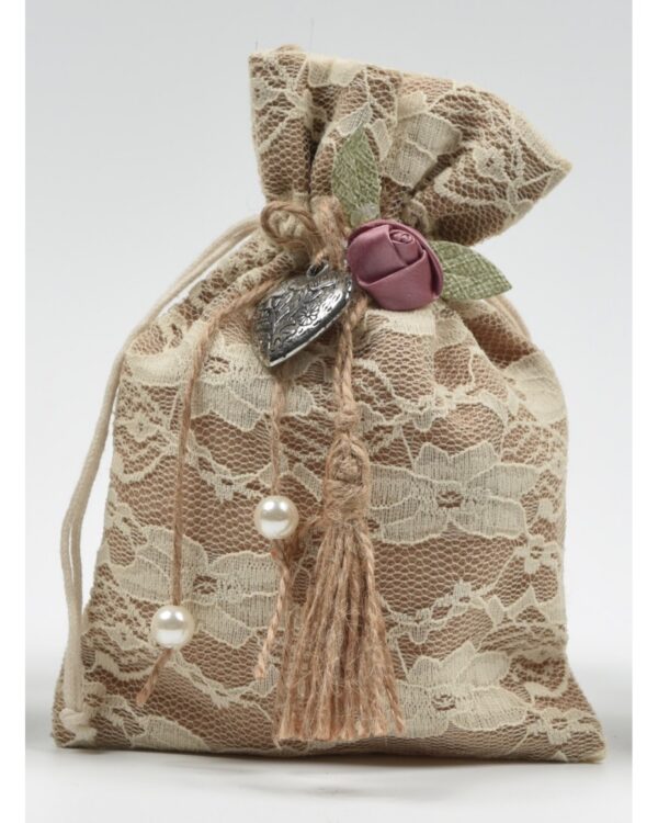 Μπομπονιέρα πουγκί στολισμένο με δαντέλα