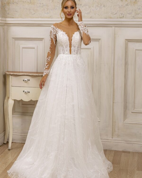 Πριγκιπικό νυφικό κεντητό με ουρά