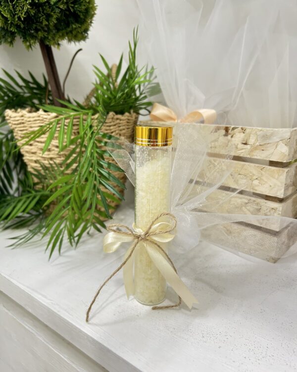 Μπομπονιέρα δοκιμαστικός σωλήνας με αρωματικά άλατα χρυσό καπάκι 15x3cm