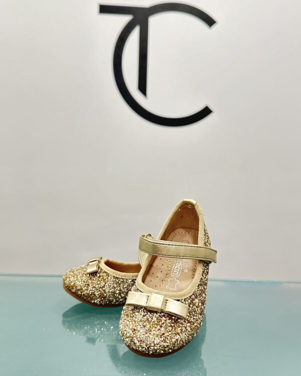 Βαπτιστικό παπούτσι μπαρέτα σε χρυσό χρώμα με γκλίτερ