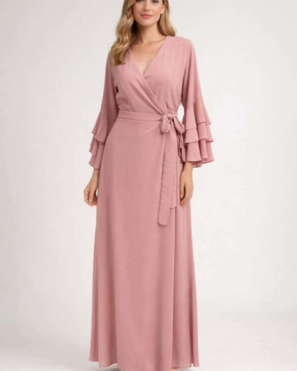 Maxi κρουαζέ μουσελίνα φόρεμα με βολάν μανίκια και ζώνη στη μέση