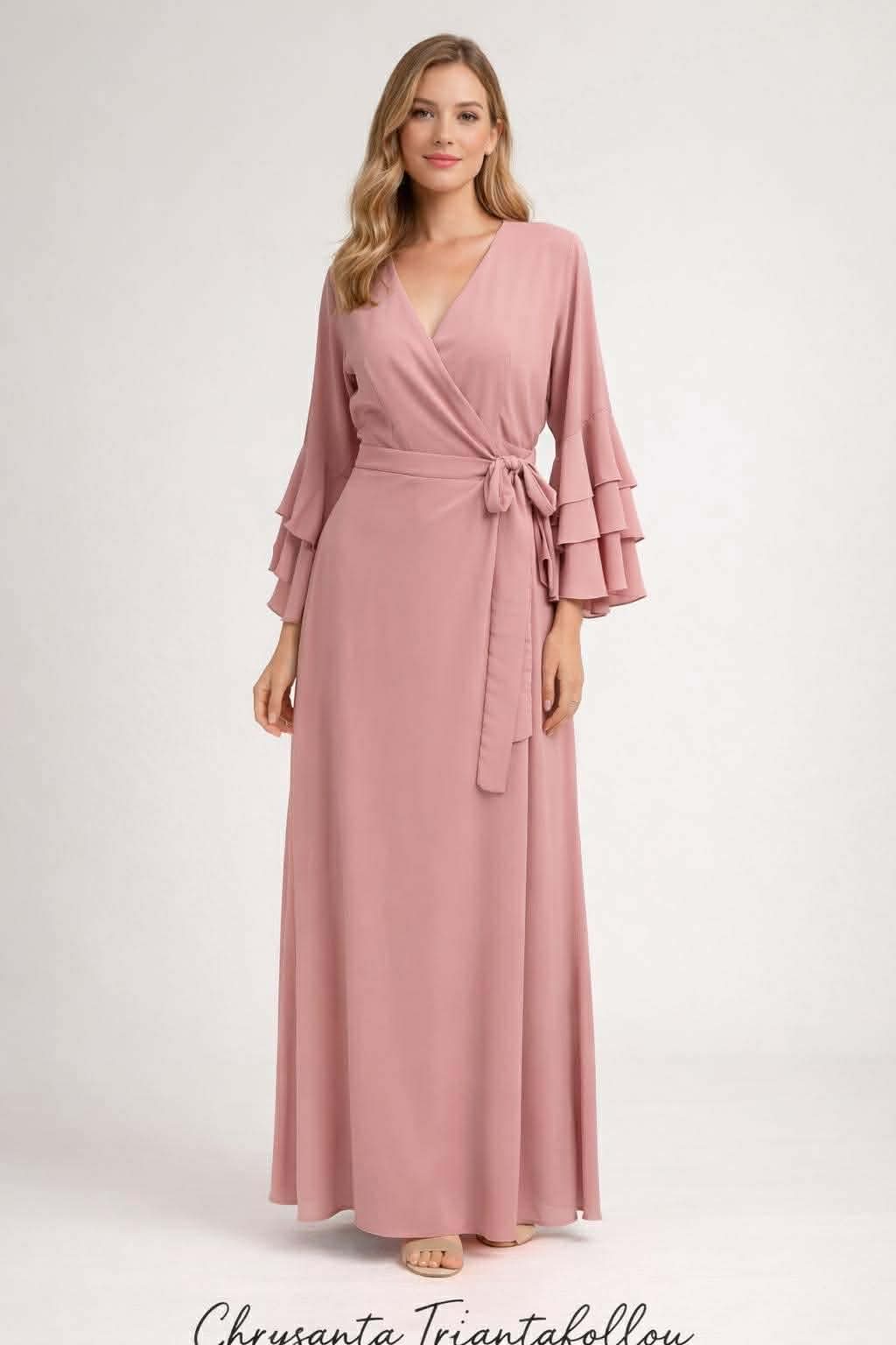 Maxi κρουαζέ μουσελίνα φόρεμα με βολάν μανίκια και ζώνη στη μέση