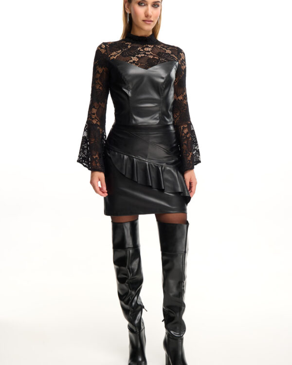 Σετ μπλούζα και φούστα από δερματίνη και δαντέλα