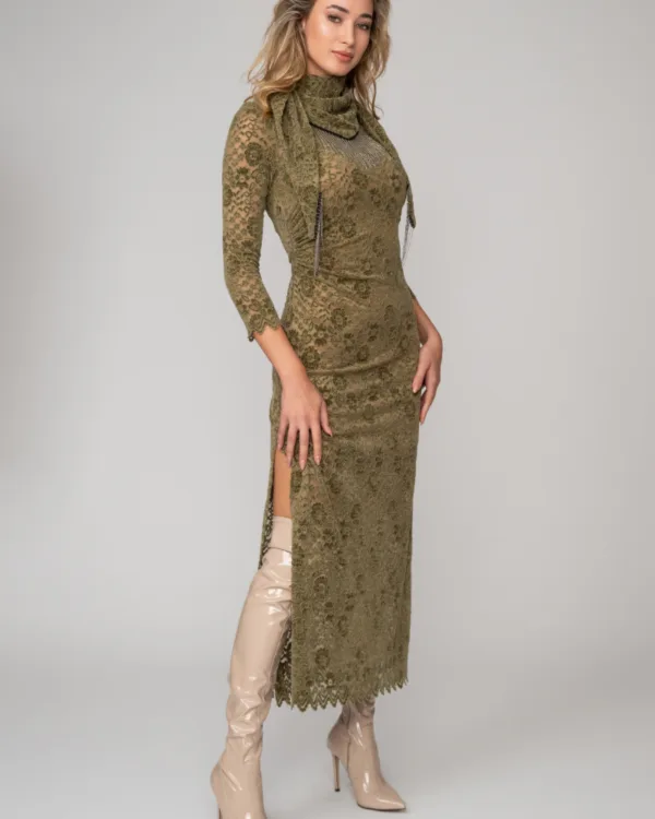 Midi γυναικείο φόρεμα από βελούδινη δαντέλα