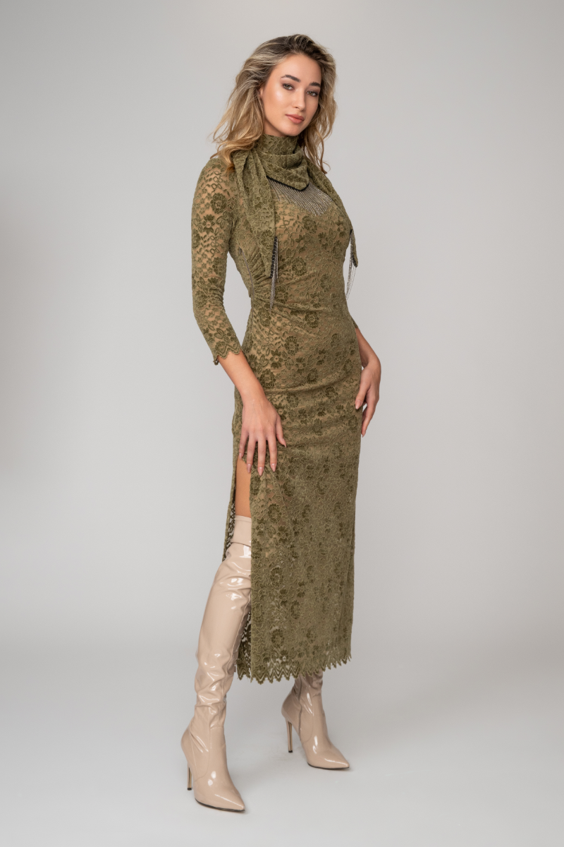 Midi γυναικείο φόρεμα από βελούδινη δαντέλα