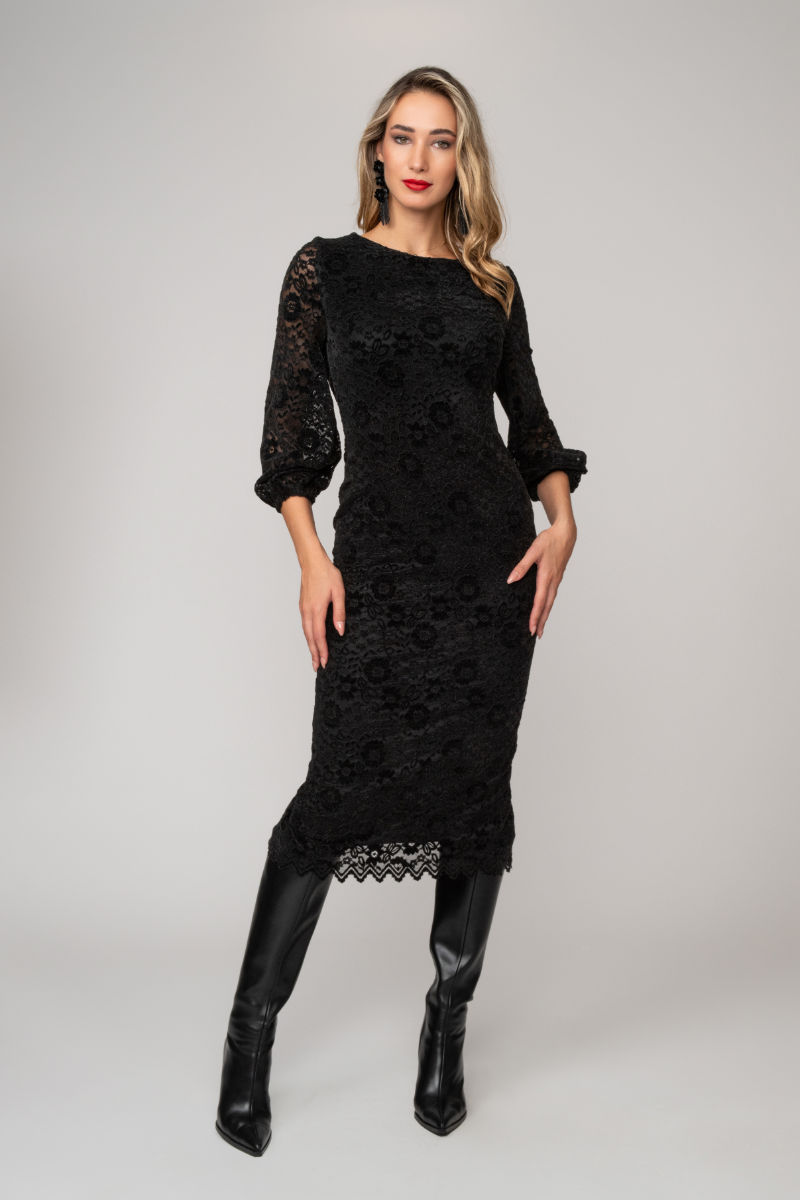 Midi γυναικείο φόρεμα από βελούδινη δαντέλα και μανίκια