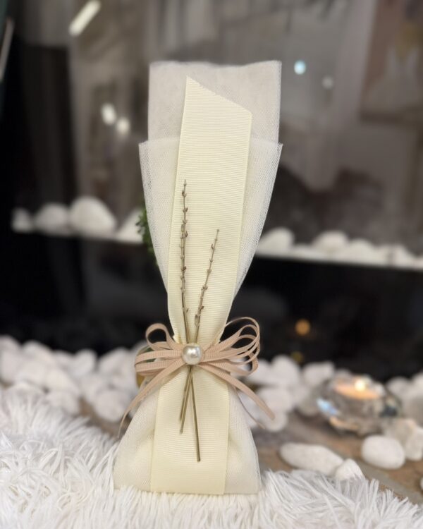 Μπομπονιέρα Γάμου Τούλι Ύφασμα με Κορδέλα και Πέρλα