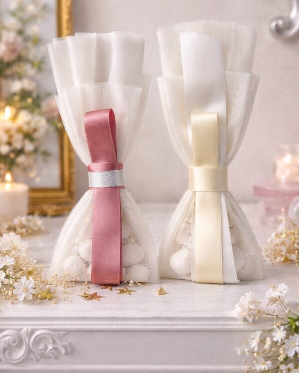 Μπομπονιέρα Γάμου τούλινη με Σατέν κορδέλα