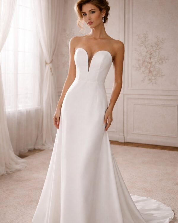 Strapless minimal νυφικό με διαφάνεια στο μπούστο και καθαρή γραμμή Α-line.