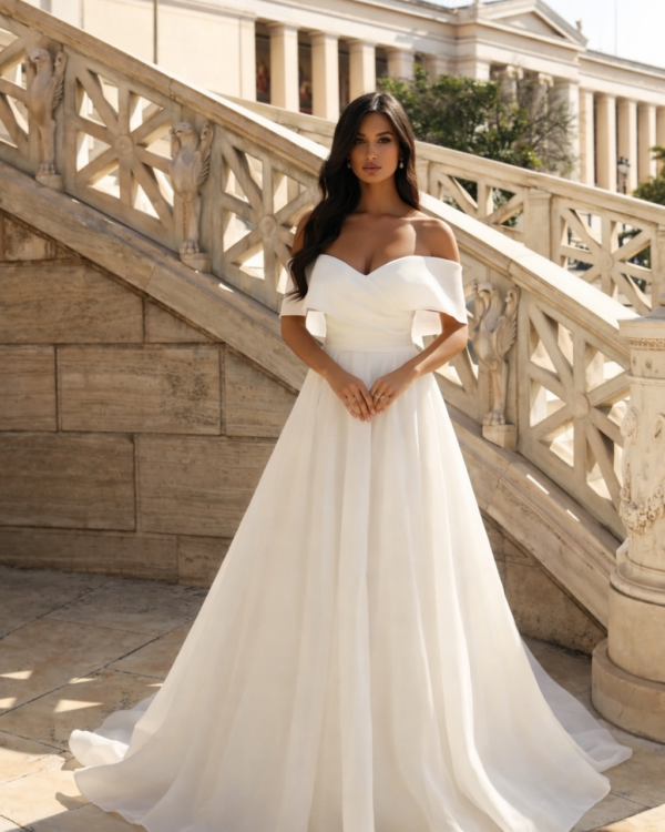 Ρομαντικό νυφικό off shoulder από μεταξωτή οργάντζα-αέρινη πολυτέλεια και διαχρονική κομψότητα.
