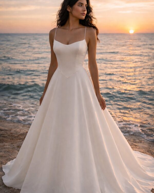 Νυφικό Α γραμμής με μπούστο και σατέν minimal πολυτέλεια.