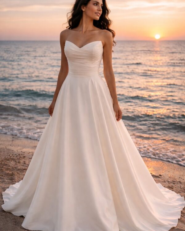 Νυφικό Α-γραμμής με εφαρμοστό strapless μπούστο και κομψό ντραπέ σχέδιο.