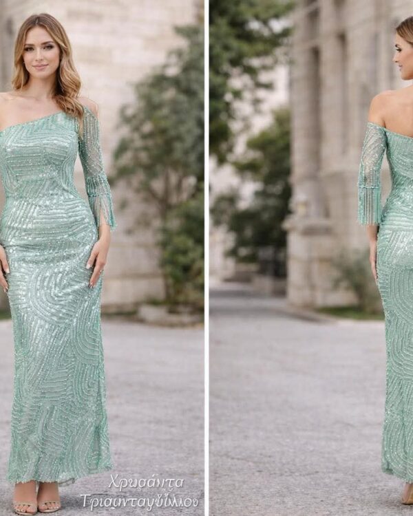 Front view: woman in a mint green off-the-shoulder beaded gown with long sleeves, outdoors.