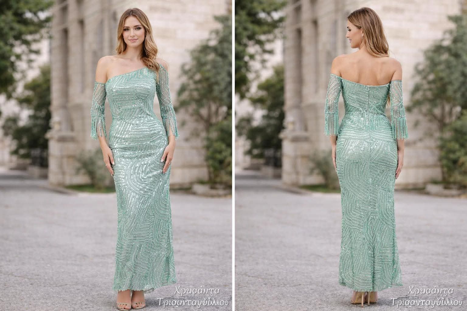 maxi forema me pagietes kai enan vmo miss vanity (2) Front view: woman in a mint green off-the-shoulder beaded gown with long sleeves, outdoors.