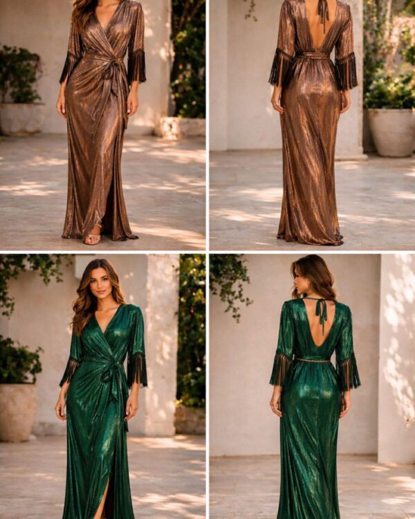 Maxi φόρεμα μεταλιζέ κρουαζέ με κρόσσια στα μανίκια