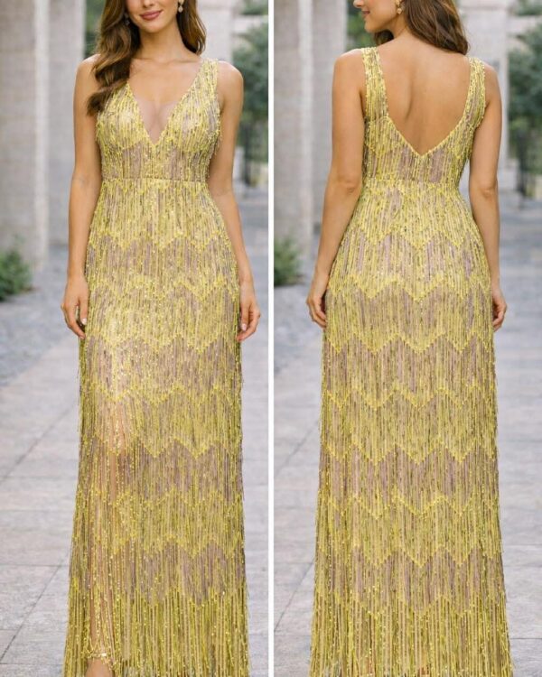 Maxi φόρεμα με λαμπερές παγιέτες και μακριά κρόσσια