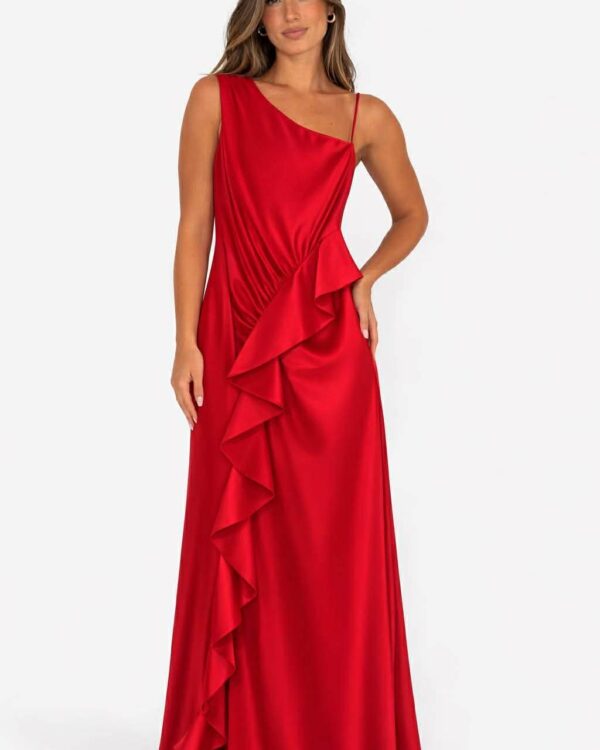 Maxi σατέν φόρεμα με έναν ώμο, λεπτή τιράντα και βολάν