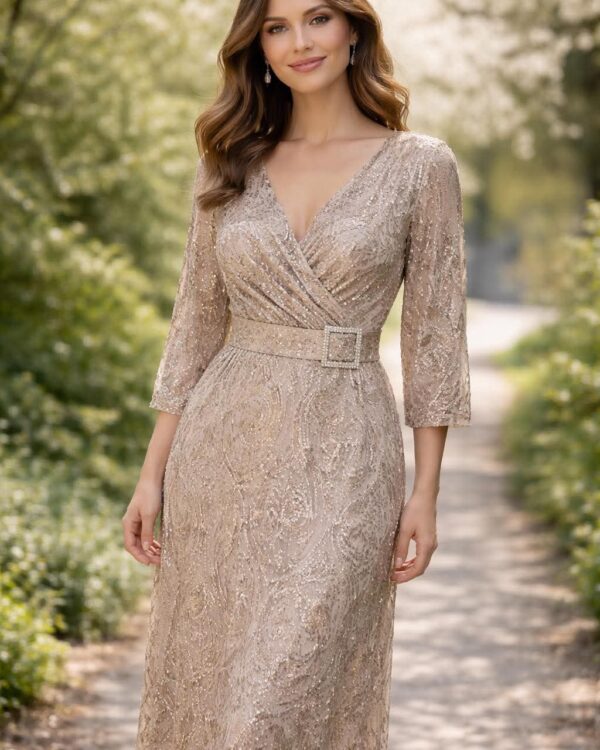 Midi φόρεμα με κρουαζέ V από τούλι, δαντέλα διακοσμημένο με παγιέτα