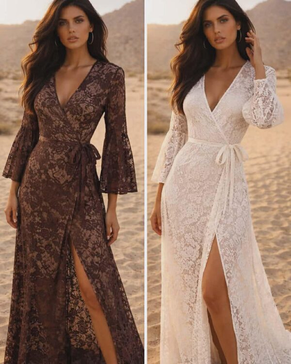 Μάξι δαντελένιο φόρεμα με δέσιμο στη μέση