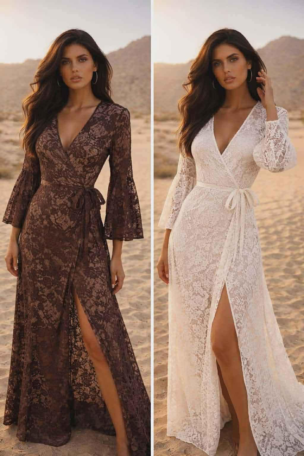 Μάξι δαντελένιο φόρεμα με δέσιμο στη μέση