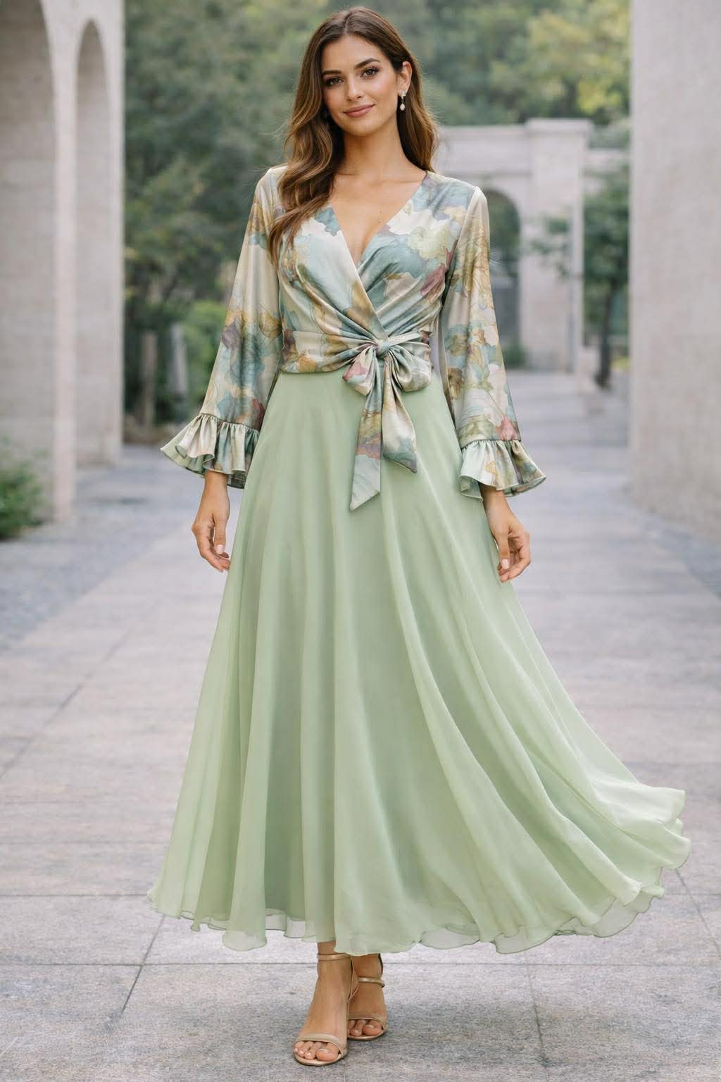 Κομψό σετ από φούστα σε Α γραμμή & σατέν κρουαζέ τοπ με βολάν στα μανίκια