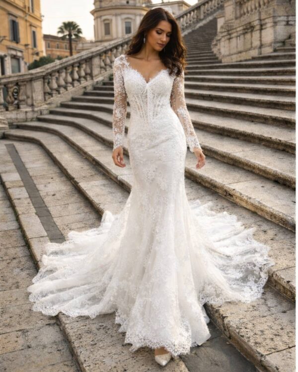 Ρομαντικό νυφικό από δαντέλα σε γραμμή γοργόνας