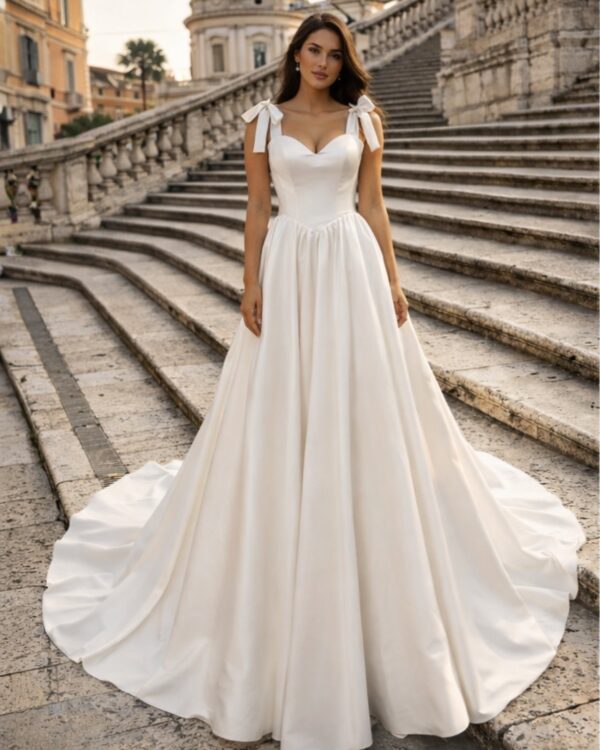 Ρομαντικό νυφικό με φιόγκους στους ώμους και εντυπωσιακή ουρά