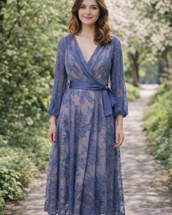 Midi κρουαζέ φόρεμα από δαντέλα ή ανάγλυφο φλοράλ σχέδιο