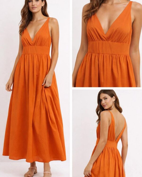 Maxi φόρεμα με λαιμόκοψη V, βαθύ ντεκολτέ, φαρδιές τιράντες και αέρινη γραμμή