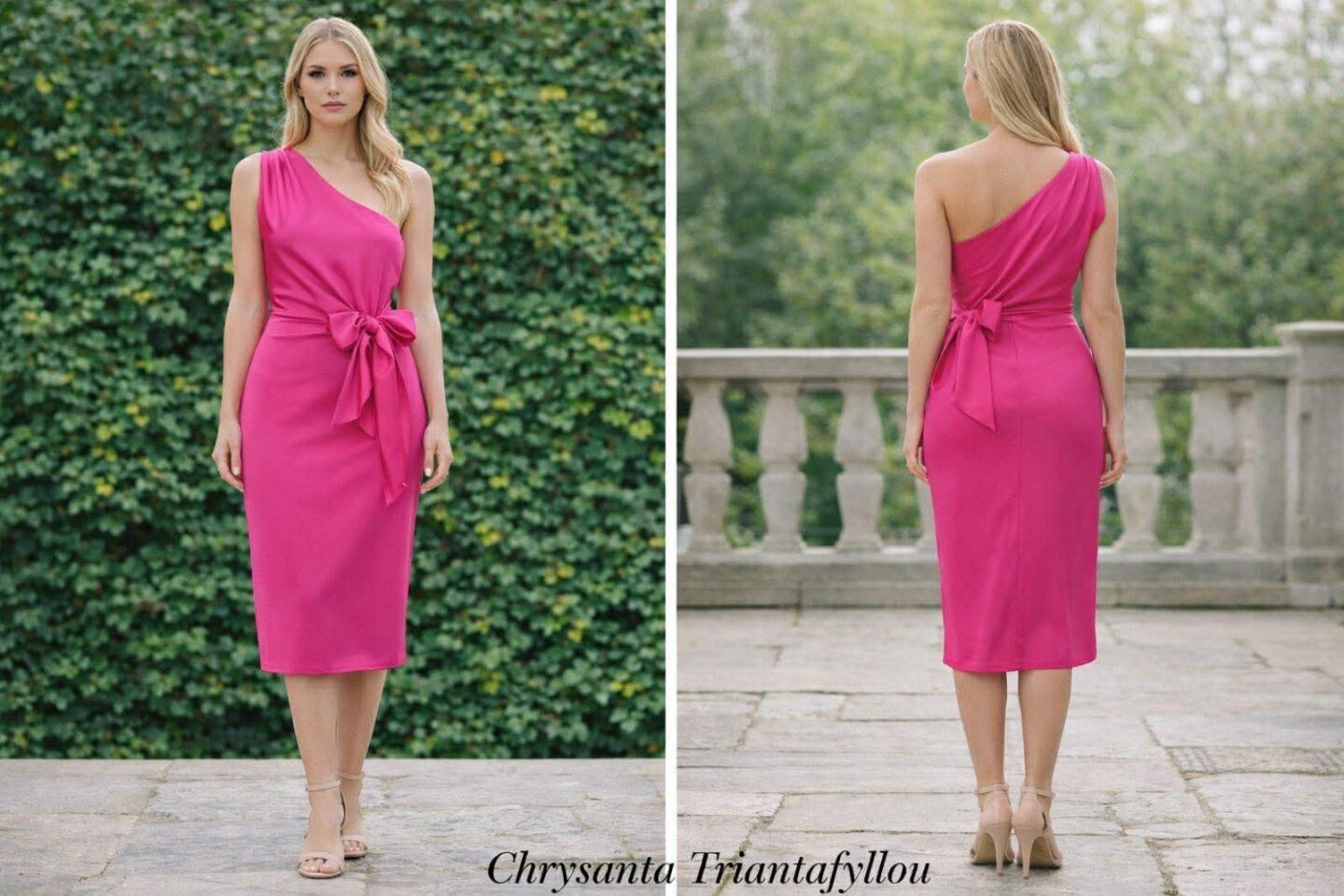 Midi φόρεμα φούξια on-shoulder με φιόγκο στην μέση